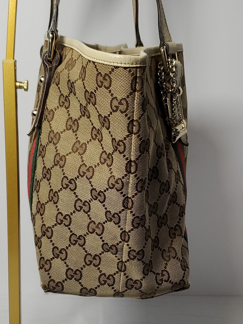 Gucci Beige GG Canvas Tote with Green and Red Web Stripe and Cream Trim - Picture 4 of 16